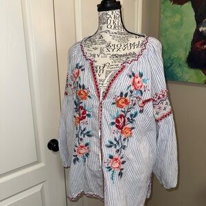 Johnny Was - Floral Embroidered Striped Women's Top